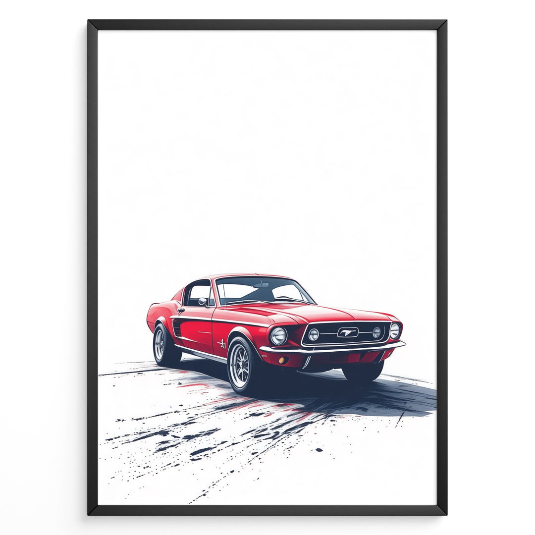 Framed poster of a red classic Ford Mustang on a white background with dynamic tire marks below.