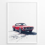 Load image into Gallery viewer, Framed poster of a red classic Ford Mustang on a white background with dynamic tire marks below.
