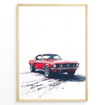 Load image into Gallery viewer, Framed poster of a red classic Ford Mustang on a white background with dynamic tire marks below.

