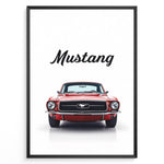 Load image into Gallery viewer, Framed poster of a red classic Ford Mustang front view with the word “Mustang” written above.

