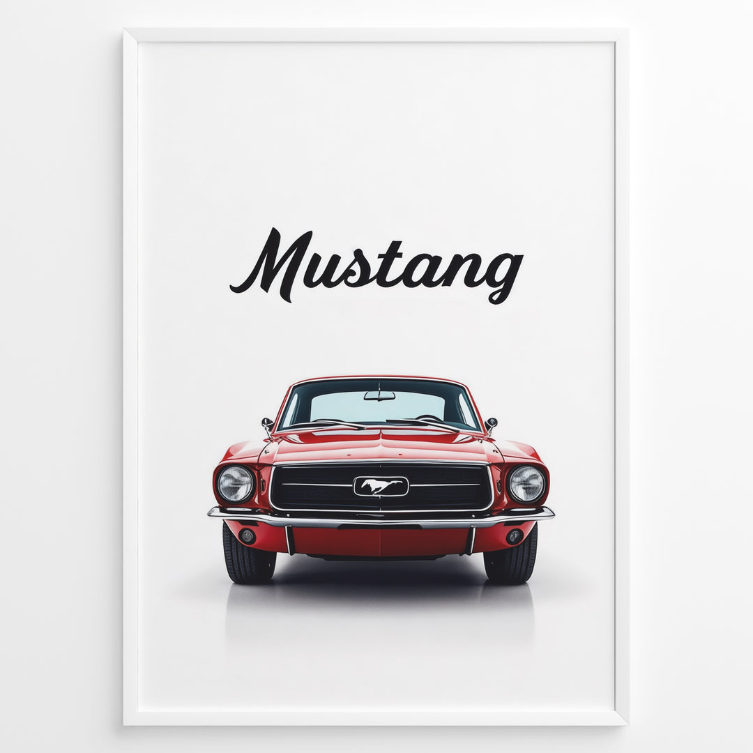 Framed poster of a red classic Ford Mustang front view with the word “Mustang” written above.