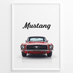 Load image into Gallery viewer, Framed poster of a red classic Ford Mustang front view with the word “Mustang” written above.
