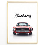 Load image into Gallery viewer, Framed poster of a red classic Ford Mustang front view with the word “Mustang” written above.
