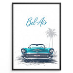 Load image into Gallery viewer, Framed poster of a turquoise Chevrolet Bel Air front view with “Bel Air” text and palm trees in the background.
