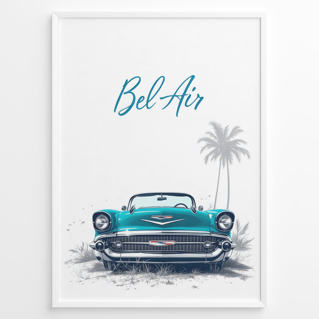 Framed poster of a turquoise Chevrolet Bel Air front view with “Bel Air” text and palm trees in the background.