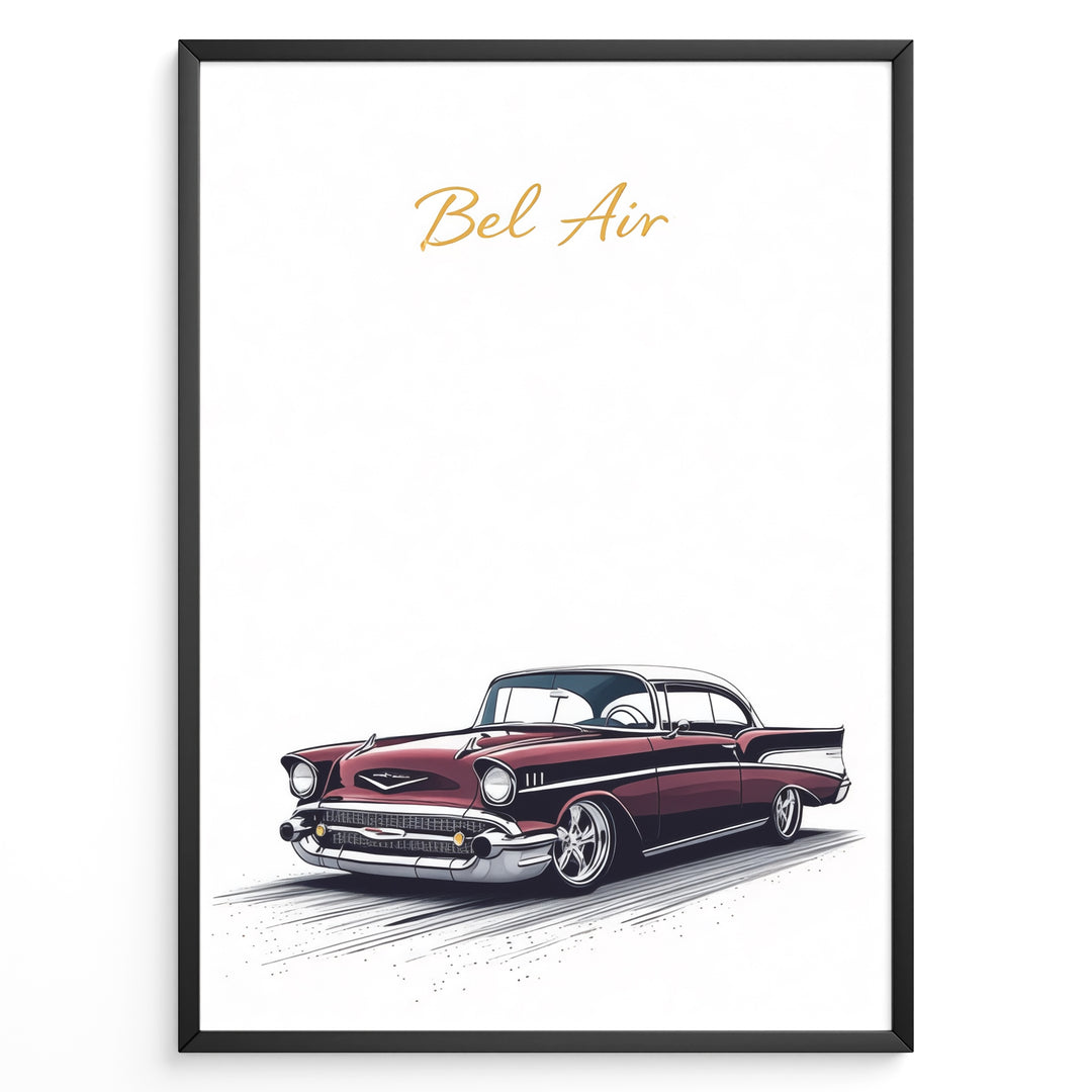 Framed poster of a red Chevrolet Bel Air classic car with “Bel Air” text in gold on a white background.