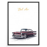Load image into Gallery viewer, Framed poster of a red Chevrolet Bel Air classic car with “Bel Air” text in gold on a white background.
