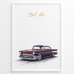 Load image into Gallery viewer, Framed poster of a red Chevrolet Bel Air classic car with “Bel Air” text in gold on a white background.
