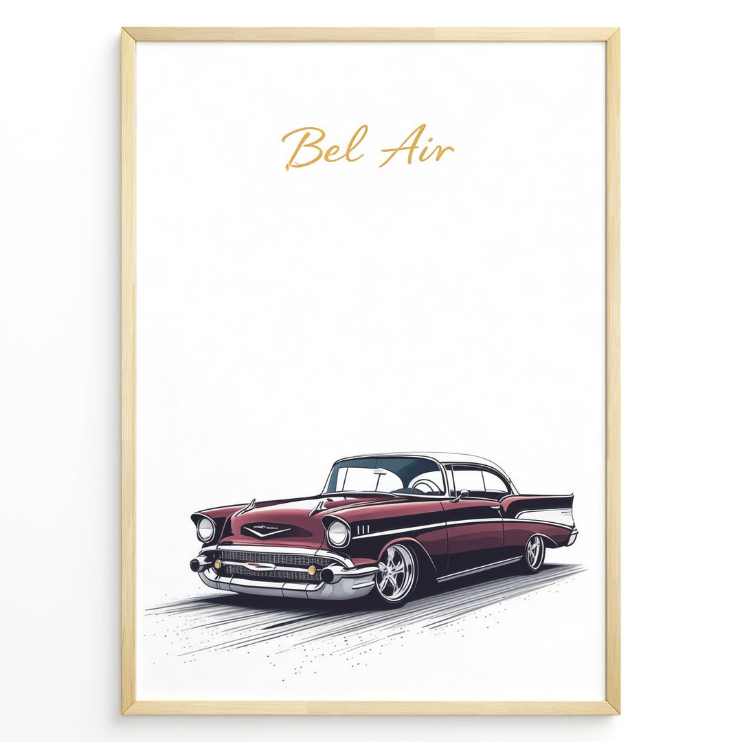 Framed poster of a red Chevrolet Bel Air classic car with “Bel Air” text in gold on a white background.