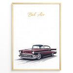 Load image into Gallery viewer, Framed poster of a red Chevrolet Bel Air classic car with “Bel Air” text in gold on a white background.
