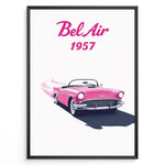 Load image into Gallery viewer, Framed poster of a pink 1957 Chevrolet Bel Air convertible with “Bel Air 1957” text in bold pink font.
