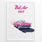 Load image into Gallery viewer, Framed poster of a pink 1957 Chevrolet Bel Air convertible with “Bel Air 1957” text in bold pink font.
