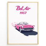 Load image into Gallery viewer, Framed poster of a pink 1957 Chevrolet Bel Air convertible with “Bel Air 1957” text in bold pink font.
