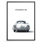 Load image into Gallery viewer, Framed minimalist poster of a silver Porsche 356 classic car viewed from the front with “Porsche” text above.

