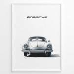 Load image into Gallery viewer, Framed minimalist poster of a silver Porsche 356 classic car viewed from the front with “Porsche” text above.
