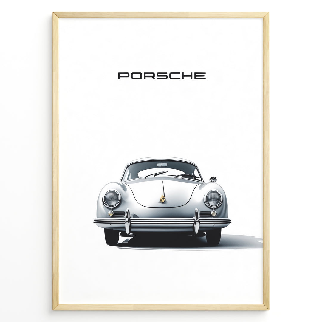 Framed minimalist poster of a silver Porsche 356 classic car viewed from the front with “Porsche” text above.