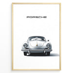 Load image into Gallery viewer, Framed minimalist poster of a silver Porsche 356 classic car viewed from the front with “Porsche” text above.
