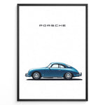 Load image into Gallery viewer, Framed minimalist poster of a blue Porsche 356 classic car side view with “Porsche” text above.
