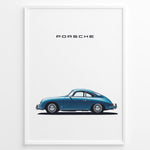 Load image into Gallery viewer, Framed minimalist poster of a blue Porsche 356 classic car side view with “Porsche” text above.
