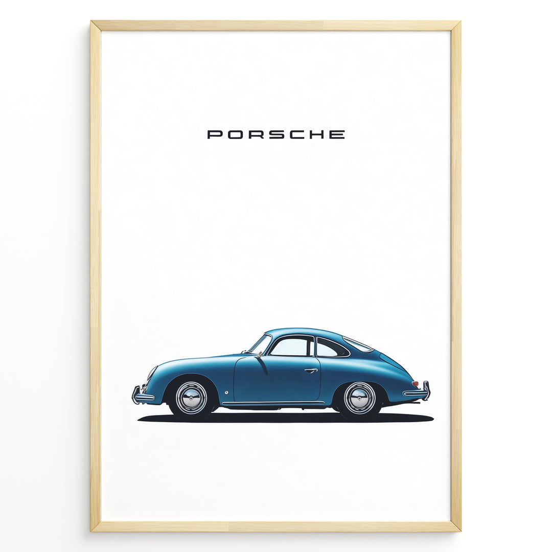 Framed minimalist poster of a blue Porsche 356 classic car side view with “Porsche” text above.