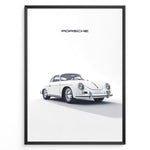 Load image into Gallery viewer, Framed minimalist poster of a white Porsche 356 classic car angled from the front with “Porsche” text above.
