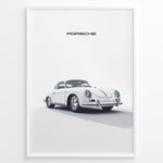 Load image into Gallery viewer, Framed minimalist poster of a white Porsche 356 classic car angled from the front with “Porsche” text above.

