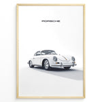 Load image into Gallery viewer, Framed minimalist poster of a white Porsche 356 classic car angled from the front with “Porsche” text above.
