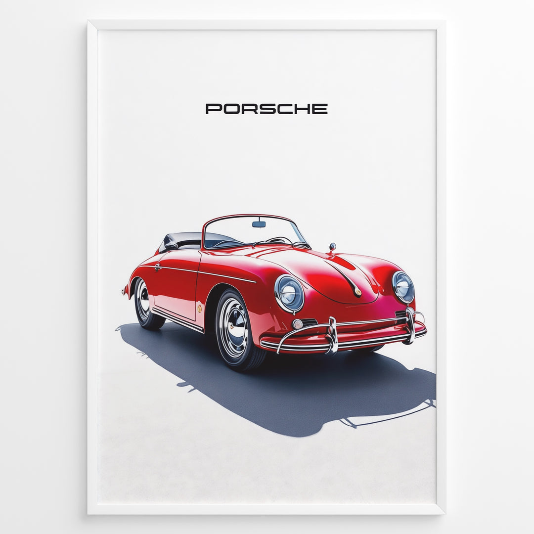 Framed minimalist poster of a red Porsche 356 Speedster convertible with “Porsche” text above.