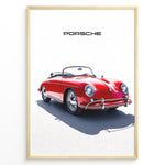 Load image into Gallery viewer, Framed minimalist poster of a red Porsche 356 Speedster convertible with “Porsche” text above.
