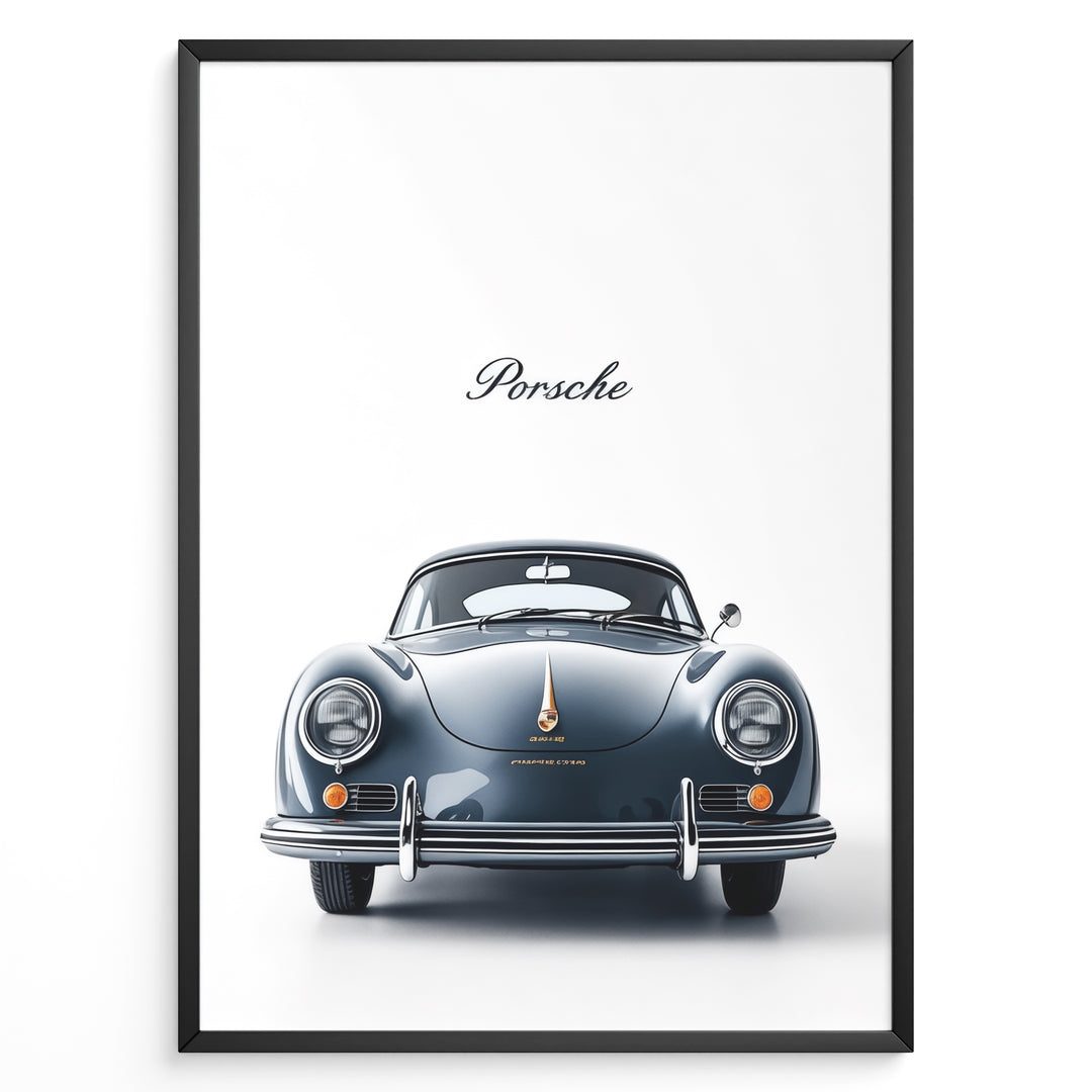 Framed minimalist poster of a dark blue Porsche 356 classic car front view with “Porsche” text above.