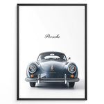 Load image into Gallery viewer, Framed minimalist poster of a dark blue Porsche 356 classic car front view with “Porsche” text above.
