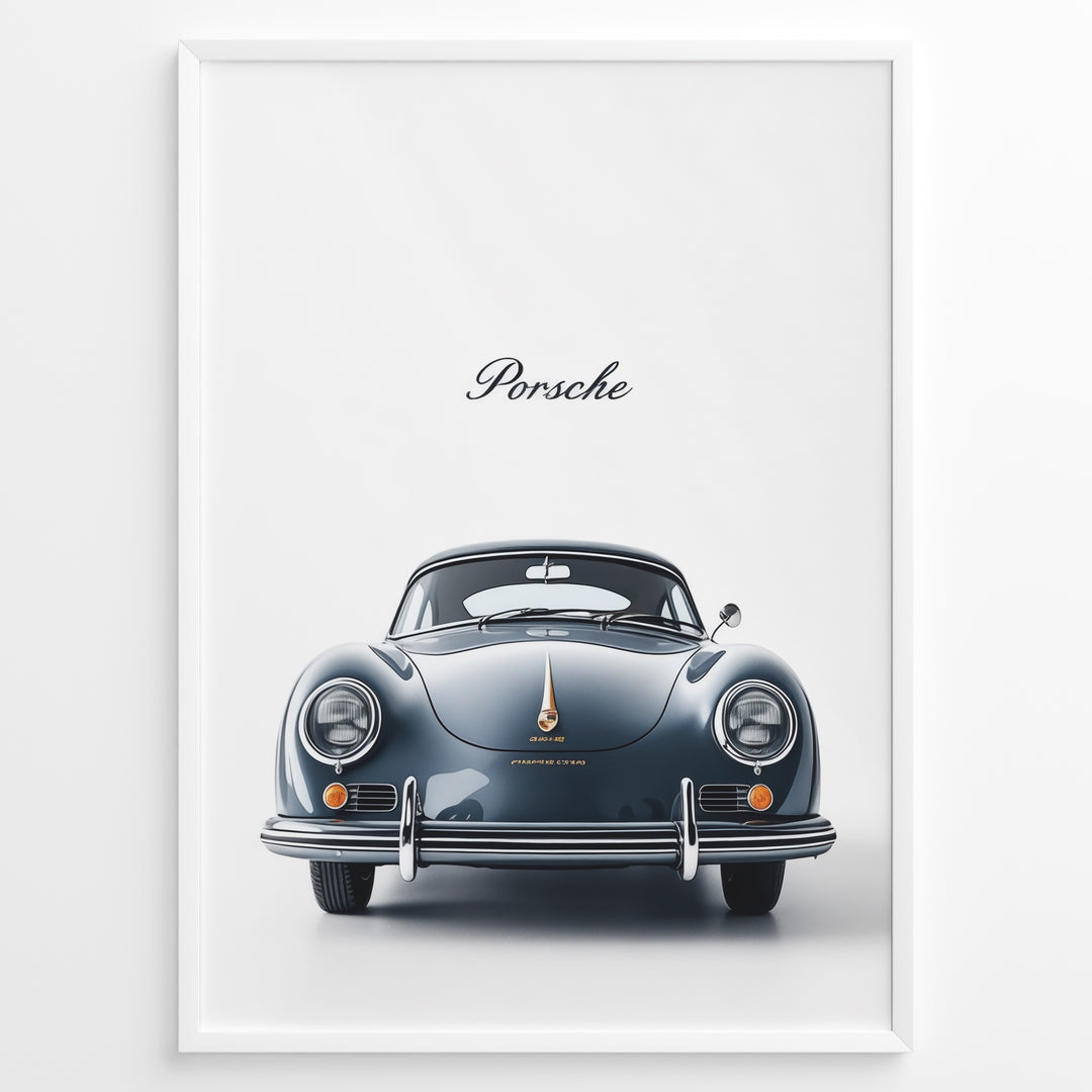 Framed minimalist poster of a dark blue Porsche 356 classic car front view with “Porsche” text above.