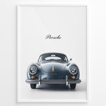 Load image into Gallery viewer, Framed minimalist poster of a dark blue Porsche 356 classic car front view with “Porsche” text above.
