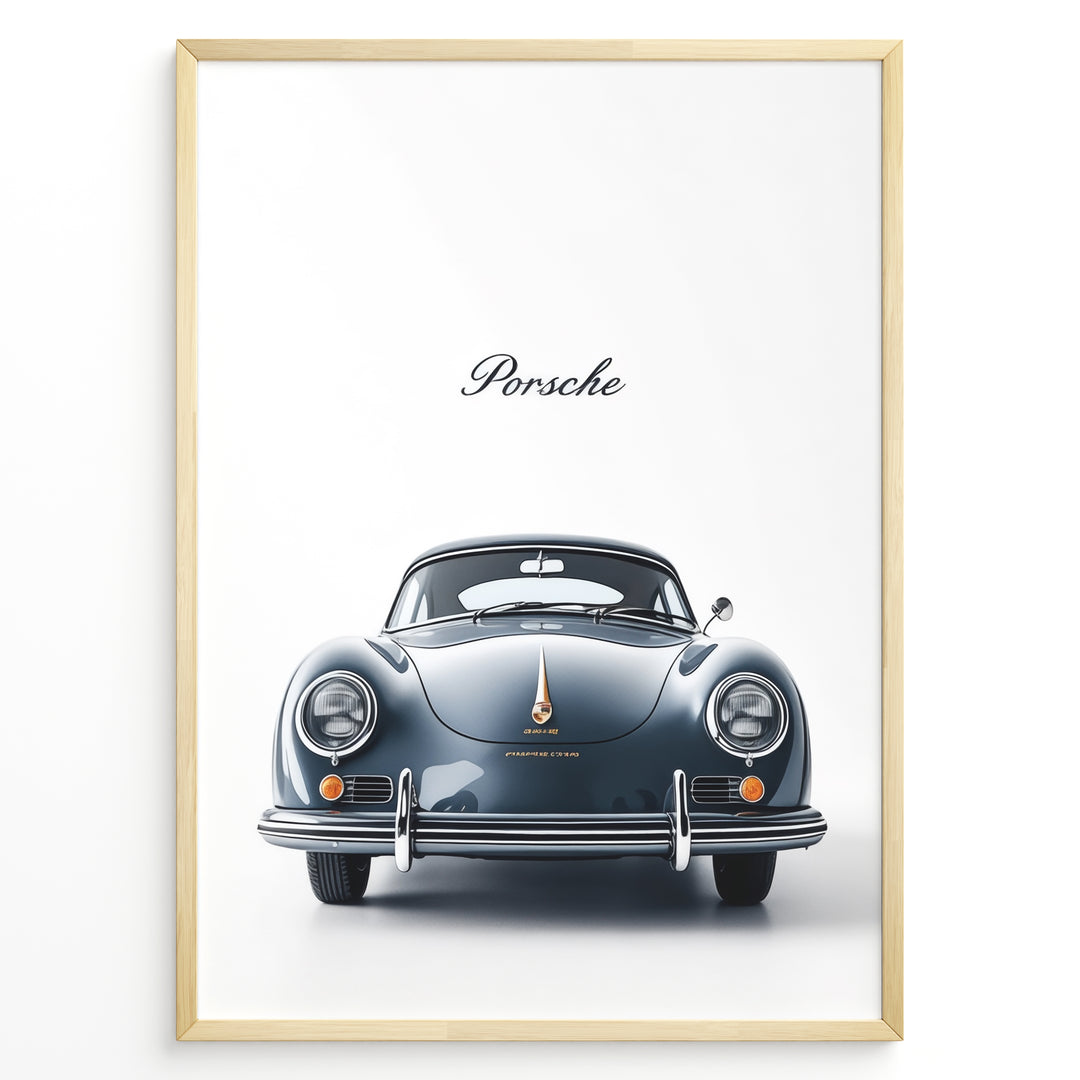 Framed minimalist poster of a dark blue Porsche 356 classic car front view with “Porsche” text above.