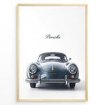 Load image into Gallery viewer, Framed minimalist poster of a dark blue Porsche 356 classic car front view with “Porsche” text above.
