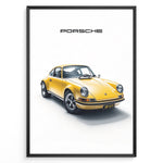 Load image into Gallery viewer, Framed minimalist poster of a yellow Porsche 911 classic sports car angled from the front with “Porsche” text above.
