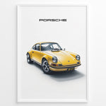 Load image into Gallery viewer, Framed minimalist poster of a yellow Porsche 911 classic sports car angled from the front with “Porsche” text above.

