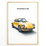 Load image into Gallery viewer, Framed minimalist poster of a yellow Porsche 911 classic sports car angled from the front with “Porsche” text above.
