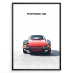 Load image into Gallery viewer, Framed minimalist poster of a red Porsche 911 classic car front view with “Porsche” text above.
