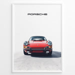 Load image into Gallery viewer, Framed minimalist poster of a red Porsche 911 classic car front view with “Porsche” text above.
