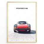 Load image into Gallery viewer, Framed minimalist poster of a red Porsche 911 classic car front view with “Porsche” text above.
