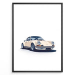 Load image into Gallery viewer, Framed minimalist poster of a cream Porsche 911 classic sports car angled from the front on a white background.
