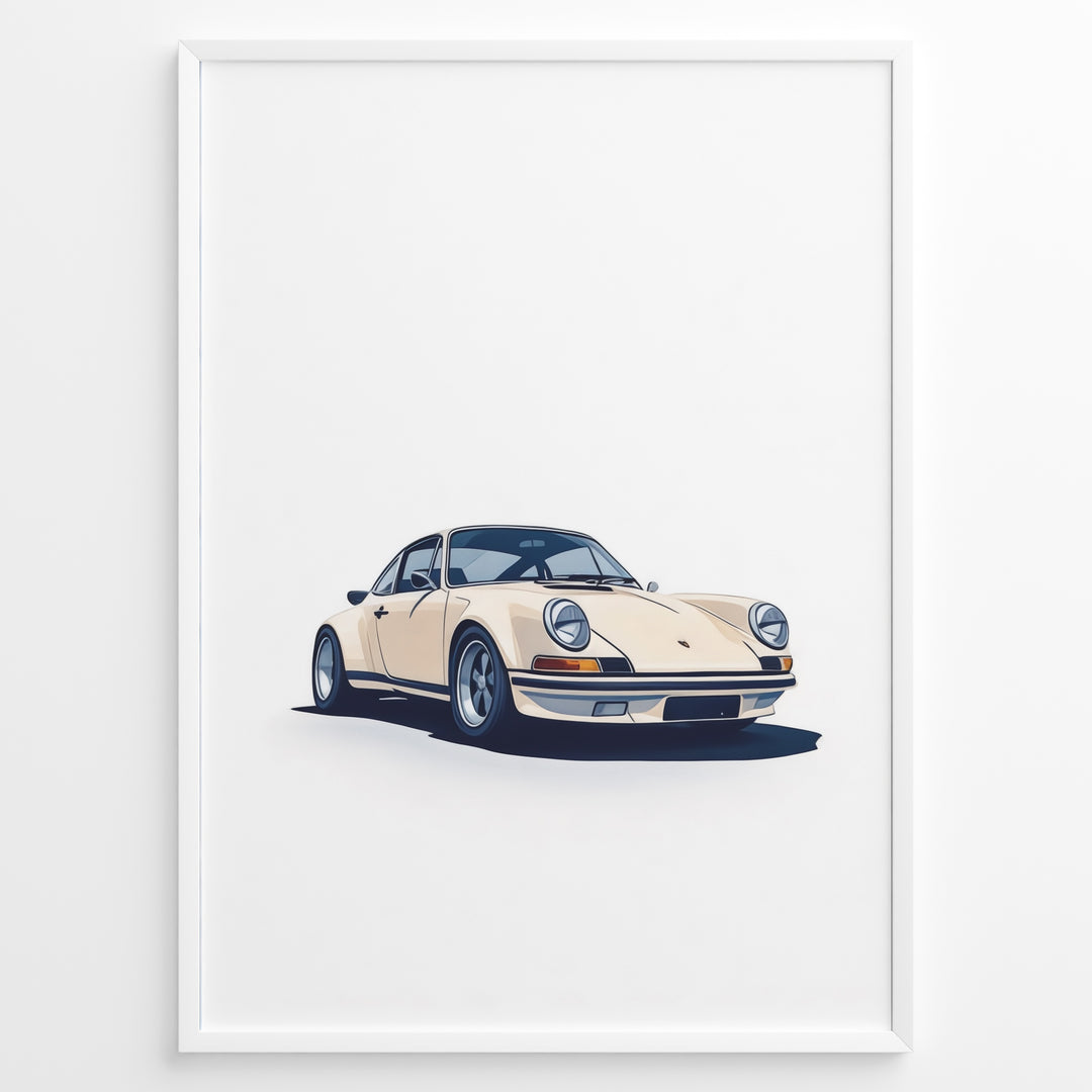 Framed minimalist poster of a cream Porsche 911 classic sports car angled from the front on a white background.