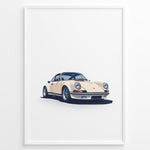 Load image into Gallery viewer, Framed minimalist poster of a cream Porsche 911 classic sports car angled from the front on a white background.
