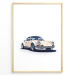 Load image into Gallery viewer, Framed minimalist poster of a cream Porsche 911 classic sports car angled from the front on a white background.
