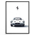 Load image into Gallery viewer, Framed minimalist poster of a white Ferrari 250 GTO classic car front view with Ferrari logo above.
