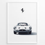 Load image into Gallery viewer, Framed minimalist poster of a white Ferrari 250 GTO classic car front view with Ferrari logo above.
