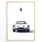 Load image into Gallery viewer, Framed minimalist poster of a white Ferrari 250 GTO classic car front view with Ferrari logo above.
