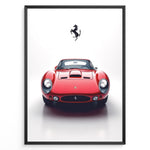 Load image into Gallery viewer, Framed minimalist poster of a red Ferrari 250 GTO classic car front view with black Ferrari logo above.

