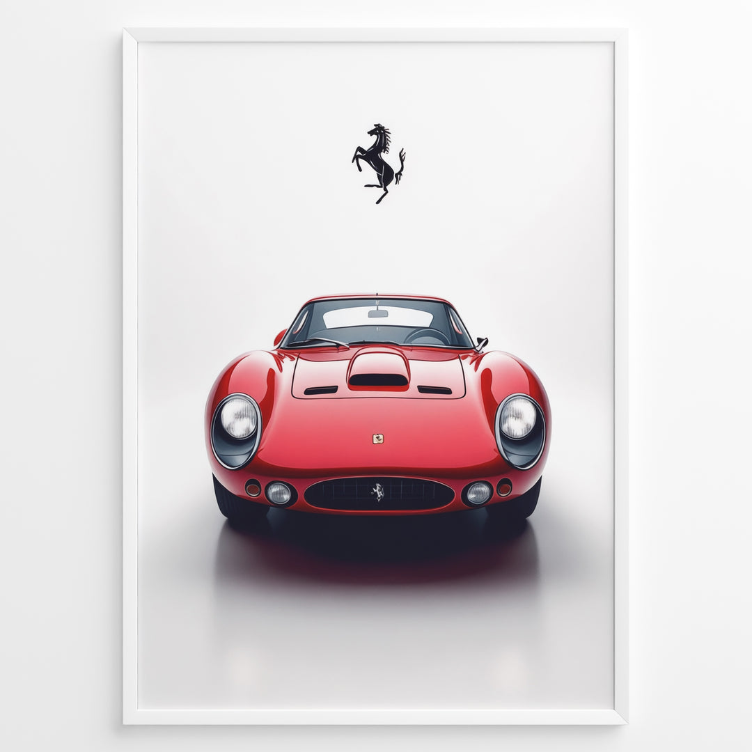 Framed minimalist poster of a red Ferrari 250 GTO classic car front view with black Ferrari logo above.
